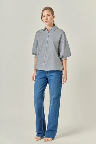 Striped Balloon Sleeve Shirt- Navy