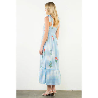 Blue Striped Floral Midi Dress
