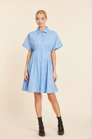 Pintuck Waist Faux Suede Dress- Sky