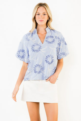 Embroidered Floral Top- Blue/White