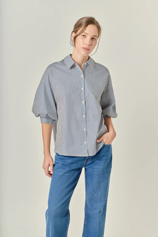 Striped Balloon Sleeve Shirt- Navy