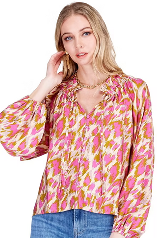 Magenta Splash Elastic Neck Peasant Top