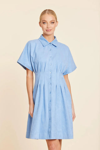 Pintuck Waist Faux Suede Dress- Sky