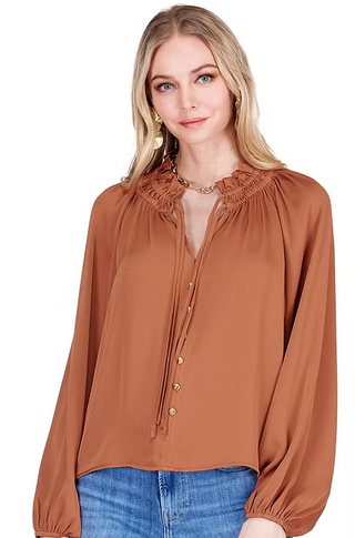 Elastic Neck Peasant Top- Rum