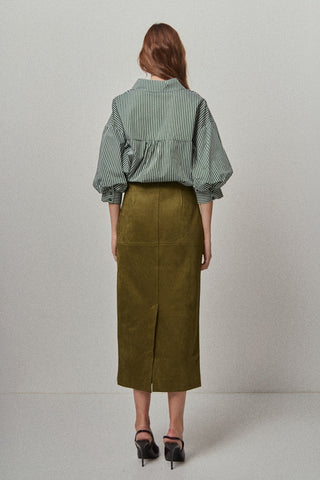Striped Balloon Sleeve Shirt- Dark Green