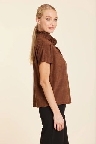 S/S Ruffle Collar Suede Top- Brown