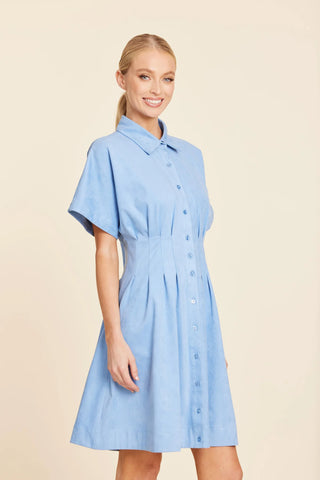 Pintuck Waist Faux Suede Dress- Sky