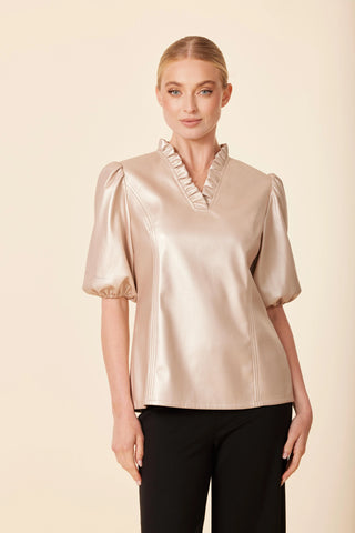 Leather Ruffle Neck Top- Pale Gold