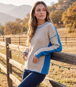 Colorblock Crewneck Sweater- Oatmeal/Blue