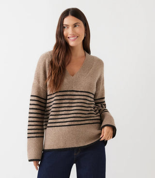 Stripe V-Neck Sweater- Wheat/Black
