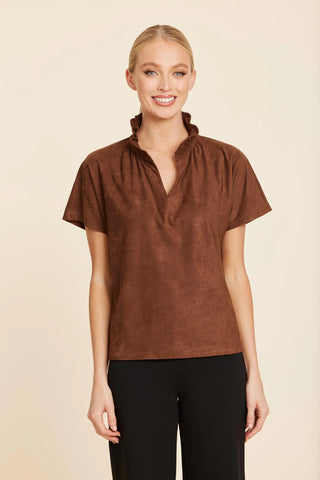 S/S Ruffle Collar Suede Top- Brown