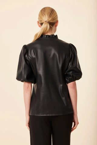Leather Ruffle Neck Top - Black