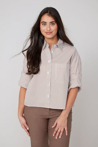 Striped Button Down - Tan/White