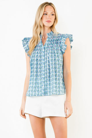Flutter Sleeve Top- Blue/Green