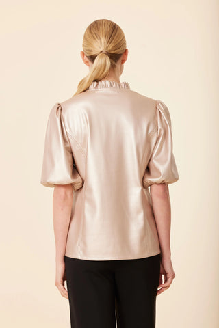 Leather Ruffle Neck Top- Pale Gold