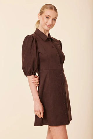 Suede Puff Slv. Dress- Brown
