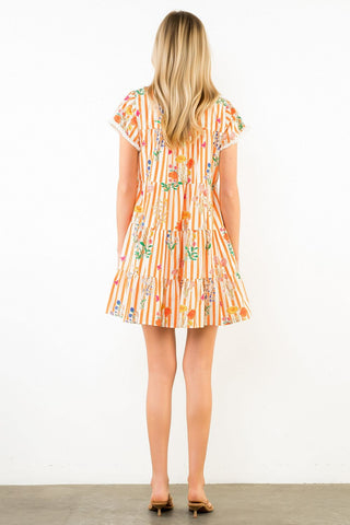 Orange Striped Floral Tiered Dress
