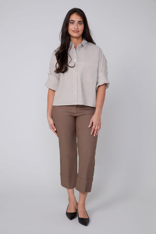 Striped Button Down - Tan/White