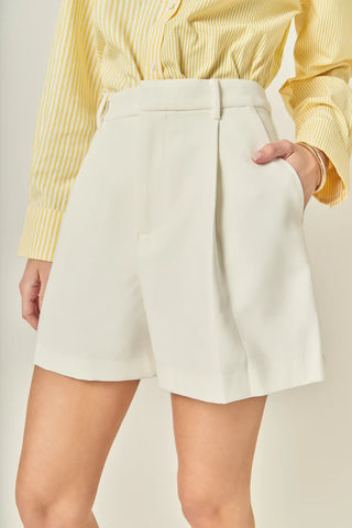 Pleated High Waist Shorts- Off White
