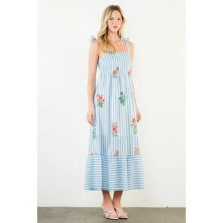 Blue Striped Floral Midi Dress