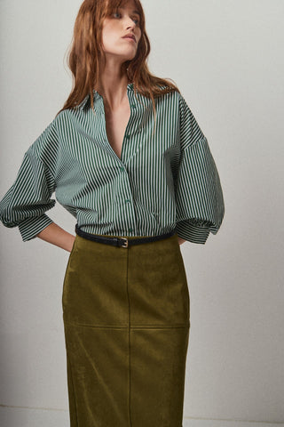 Striped Balloon Sleeve Shirt- Dark Green