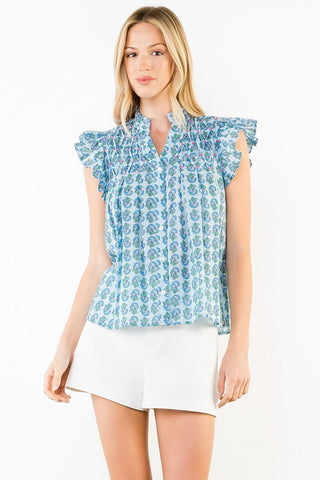Flutter Sleeve Top- Blue/Green