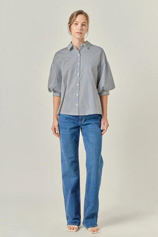Striped Balloon Sleeve Shirt- Navy