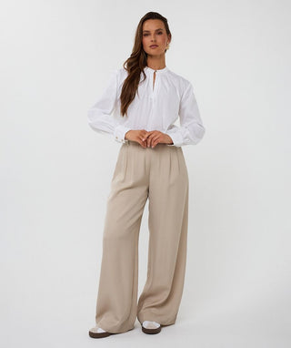 Round Neck Poplin Top- White