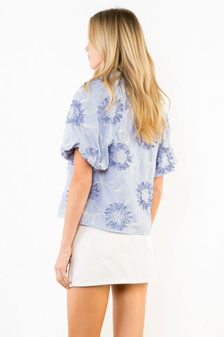 Embroidered Floral Top- Blue/White