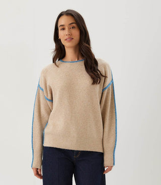 Colorblock Crewneck Sweater- Oatmeal/Blue