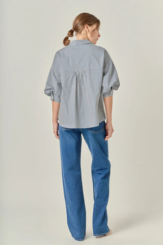 Striped Balloon Sleeve Shirt- Navy