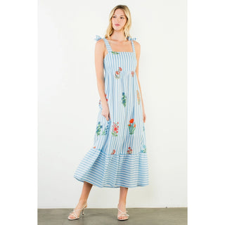 Blue Striped Floral Midi Dress