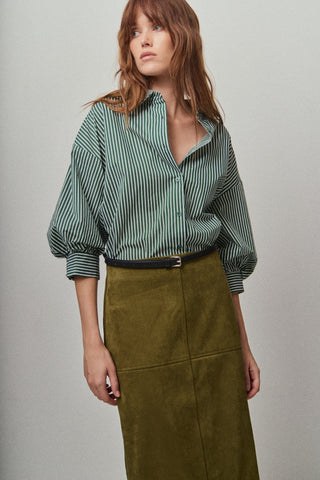 Striped Balloon Sleeve Shirt- Dark Green