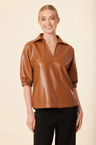 Vegan Leather V-Neck Top