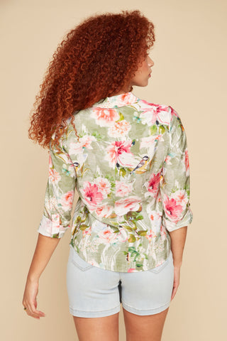 Green Floral Button Up Blouse