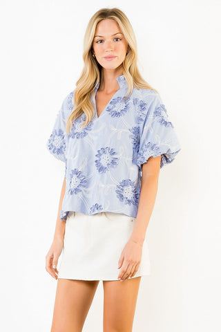 Embroidered Floral Top- Blue/White