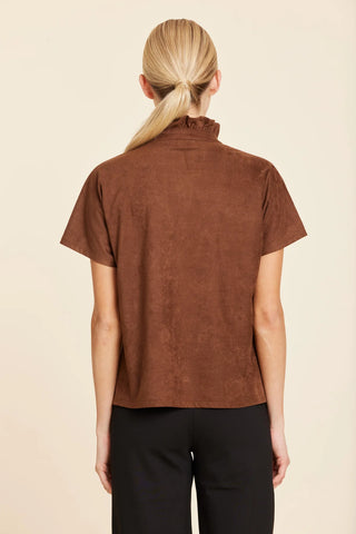 S/S Ruffle Collar Suede Top- Brown