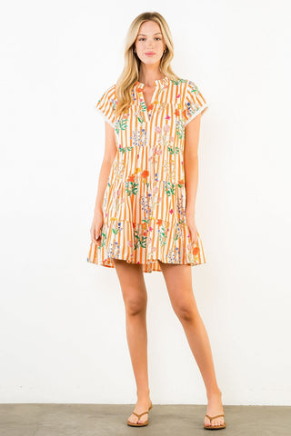 Orange Striped Floral Tiered Dress