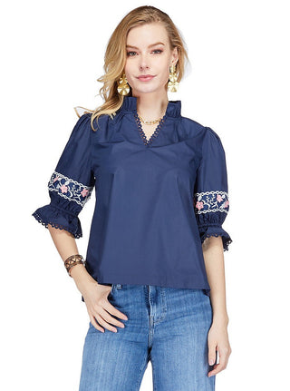 Floral Trim Split Neck Top