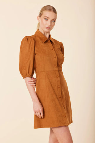 Suede Puff Slv. Dress - Burnt Orange