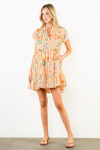 Orange Striped Floral Tiered Dress