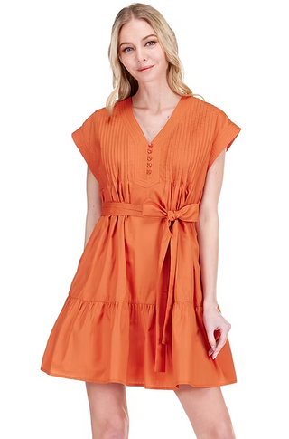 Burnt Orange Pin Tuck Edged Dress