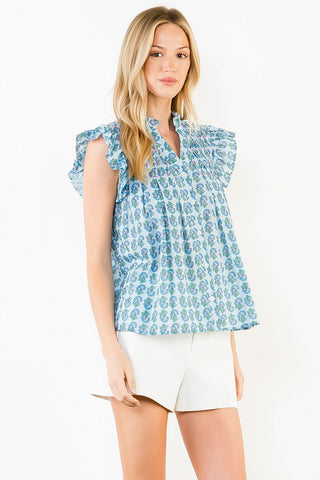 Flutter Sleeve Top- Blue/Green