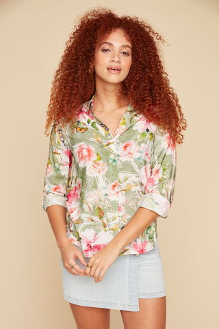 Green Floral Button Up Blouse