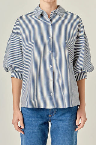 Striped Balloon Sleeve Shirt- Navy
