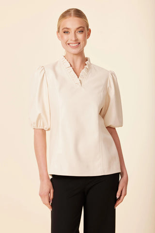 Leather Ruffle Neck Top - Bone