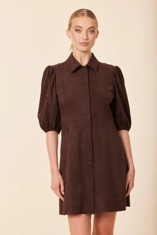 Suede Puff Slv. Dress- Brown
