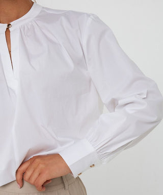 Round Neck Poplin Top- White