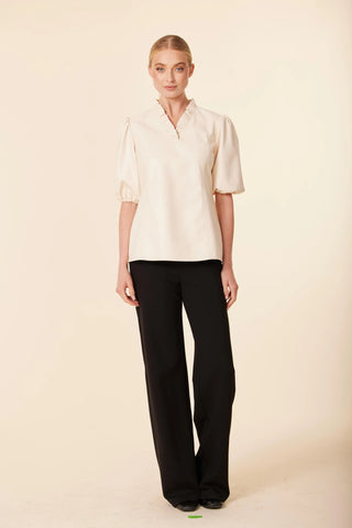 Leather Ruffle Neck Top - Bone
