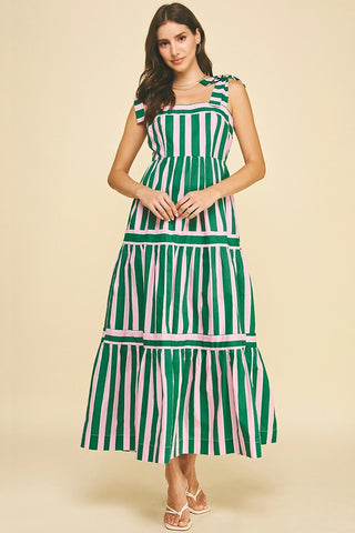 Green/Pink Striped Tiered Maxi Dress Green/Pink Striped Tiered Maxi Dress